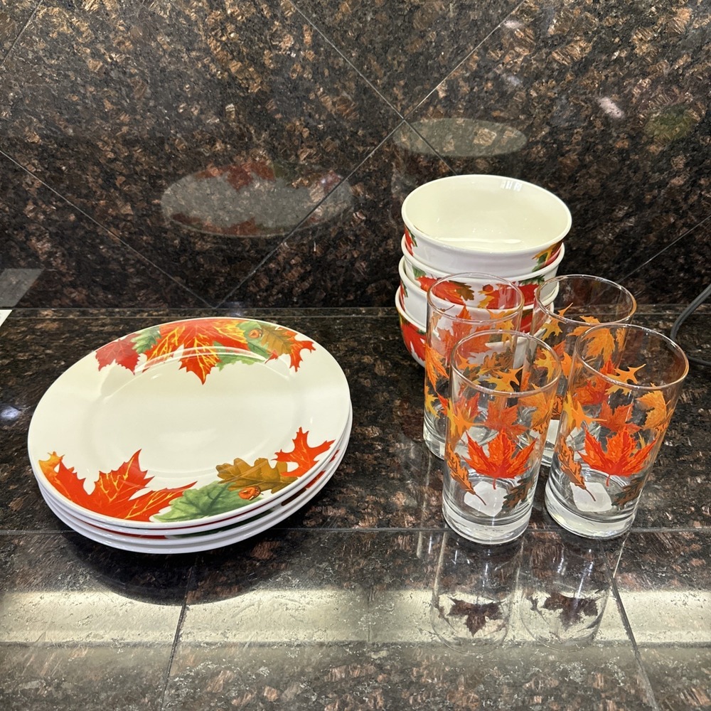 12 pieces Royal Norfolk Autumn Leaves Acorn Bowls, plates, cups Thanksgiving